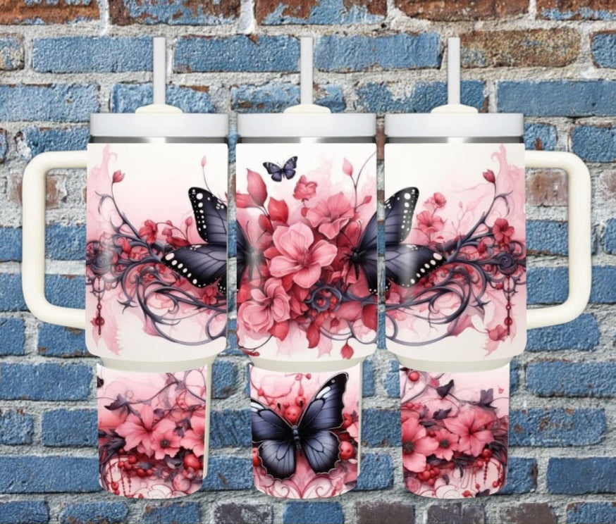 40oz black butterflies and pink flowers