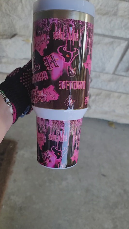 40oz pink drip Texans tumbler dupe