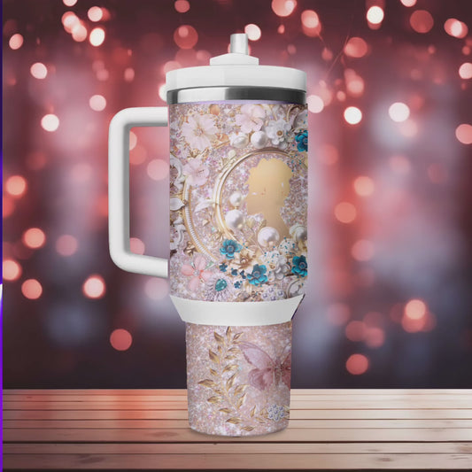 40oz Rose gold Whistledown Bridgerton Tumbler Dupe with bling