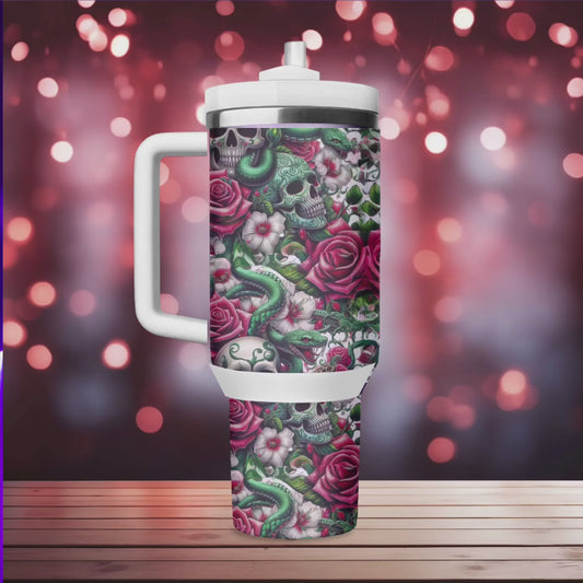 40oz Red roses and Skulls Tumbler Dupe