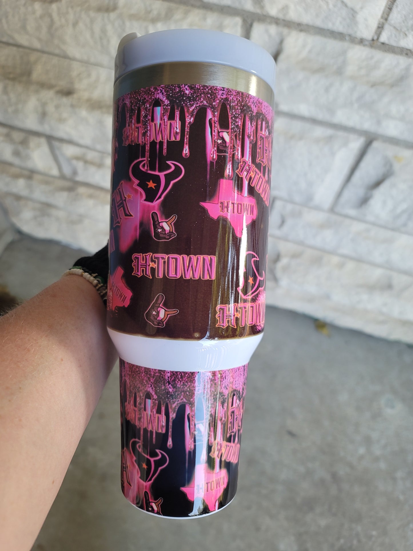 40oz pink drip Texans tumbler dupe