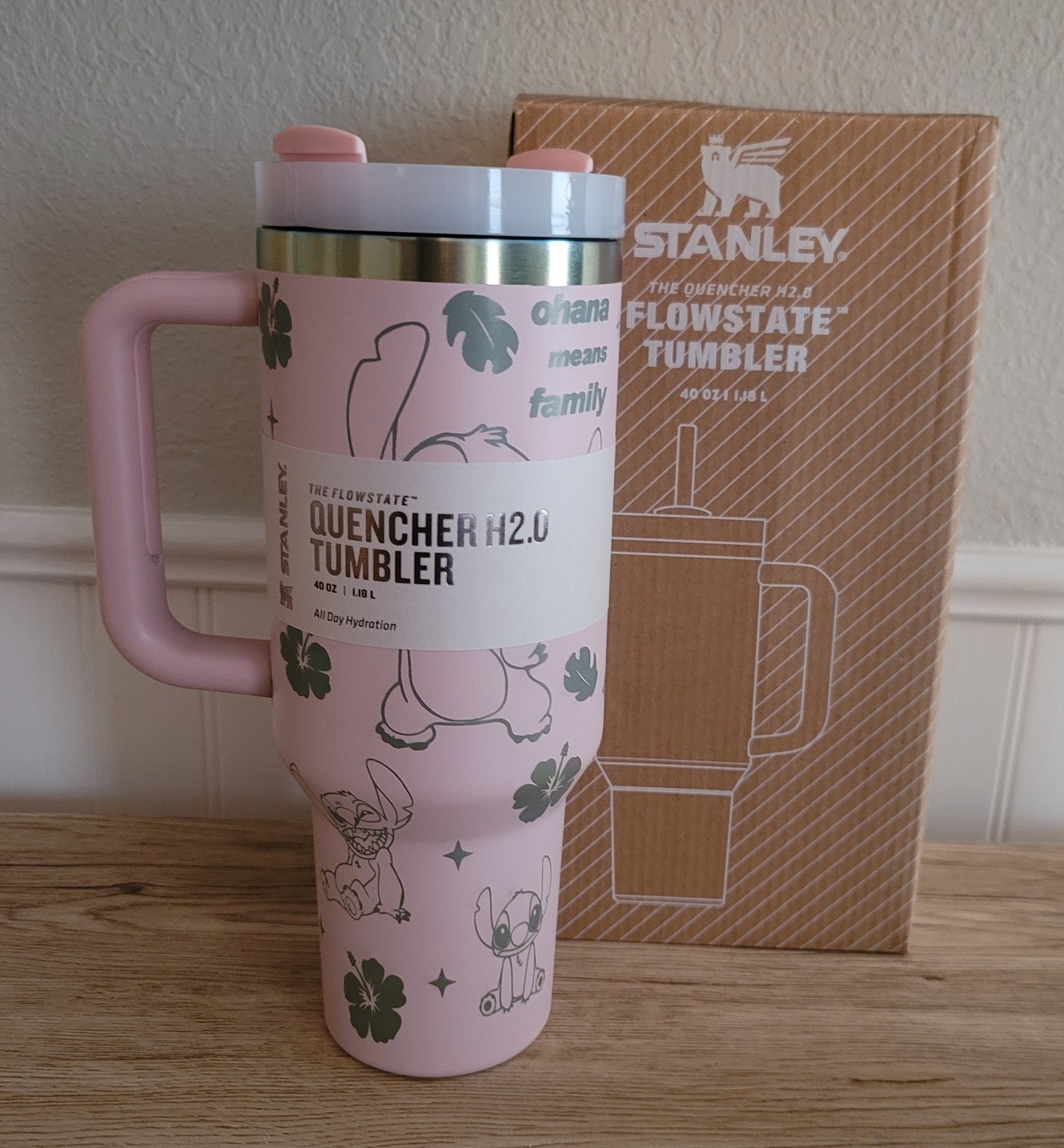 40oz Laszer engraved light pink Stitch inspired tumbler dupe