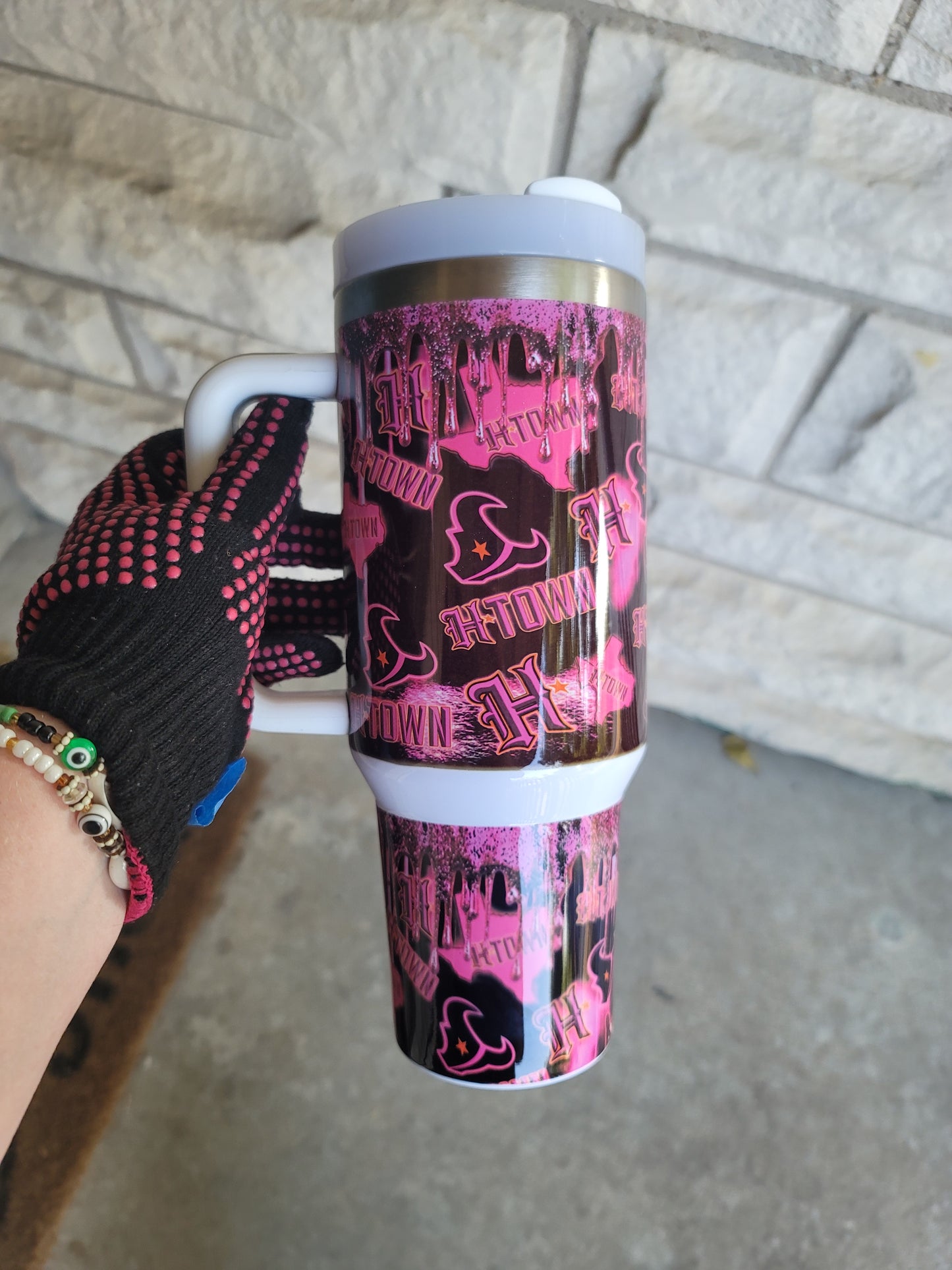 40oz pink drip Texans tumbler dupe