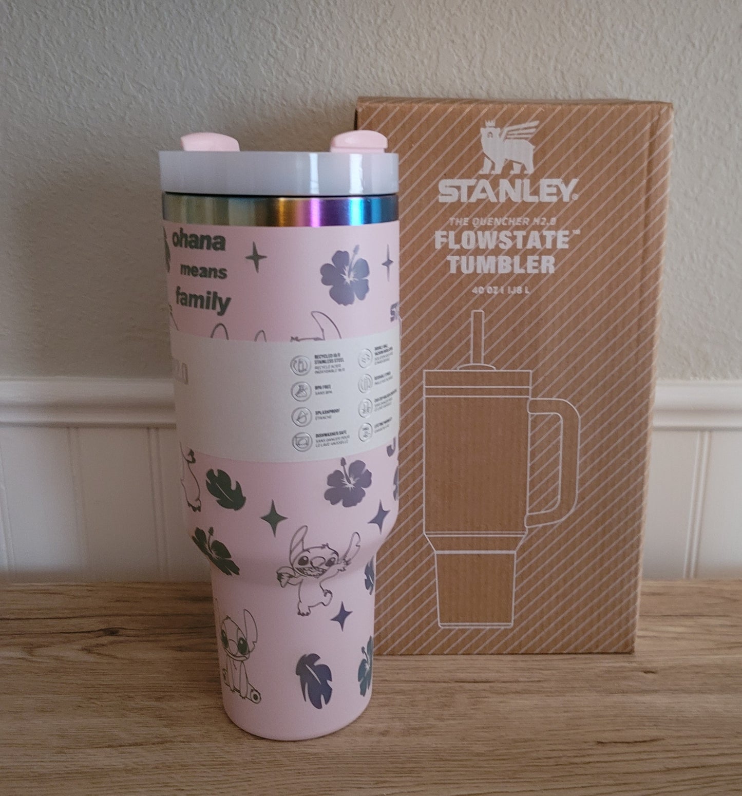 40oz Laszer engraved light pink Stitch inspired tumbler dupe